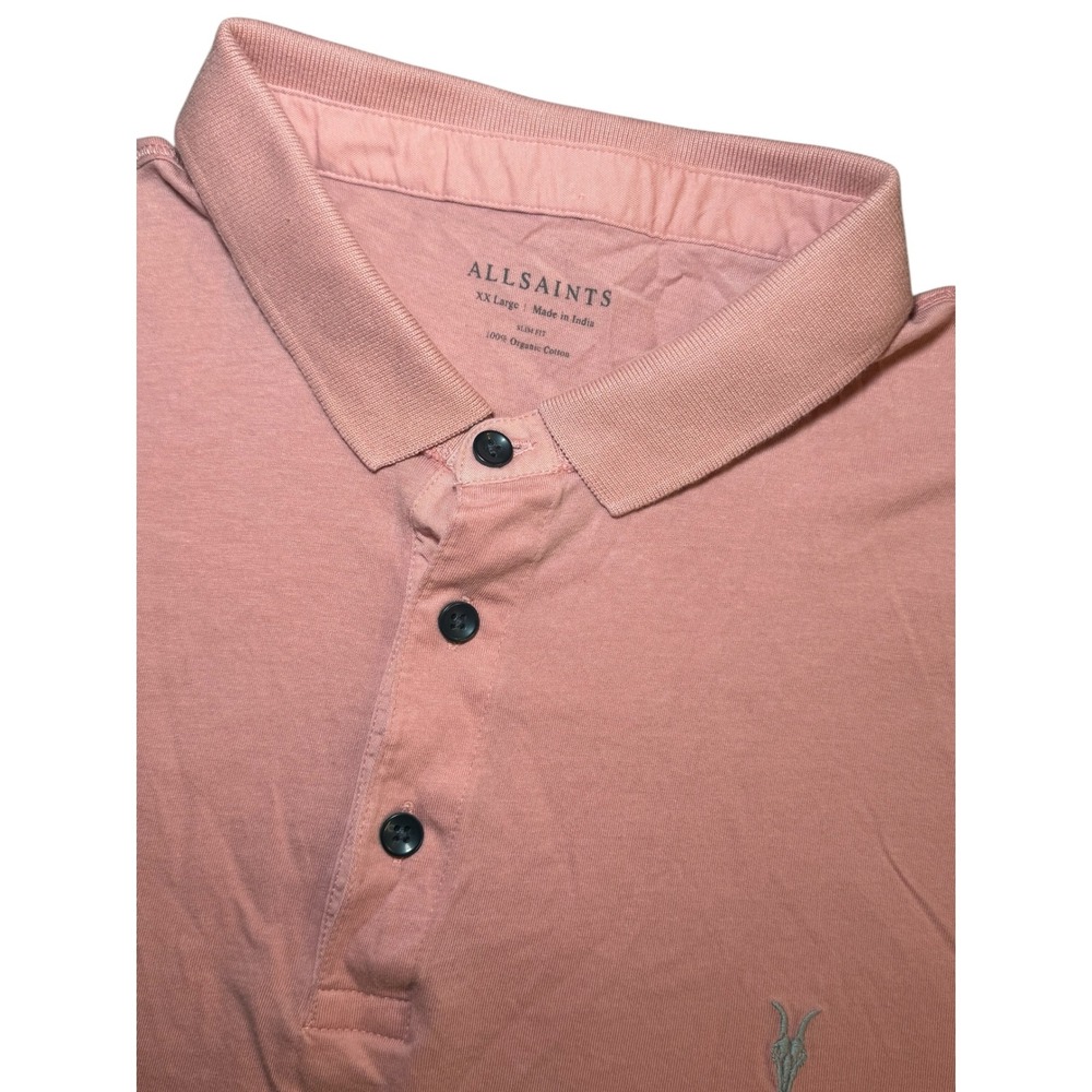 AllSaints Vidal Polo Shirt Mens XXL Slim Fit Pink Organic Cotton Ramskull S/S